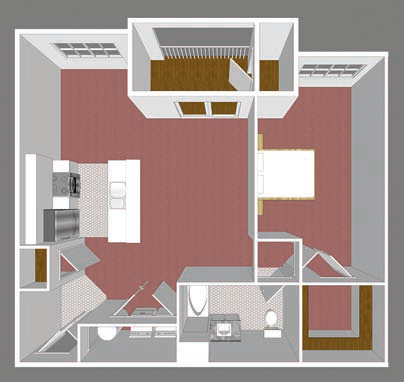 Floor plan for 1 bed, 1 bath, 917 sqft
